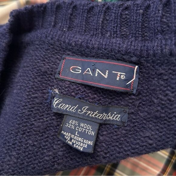 Gant Christmas holiday navy blue green red plaid v-neck natural fiber sweater me - Picture 8 of 8